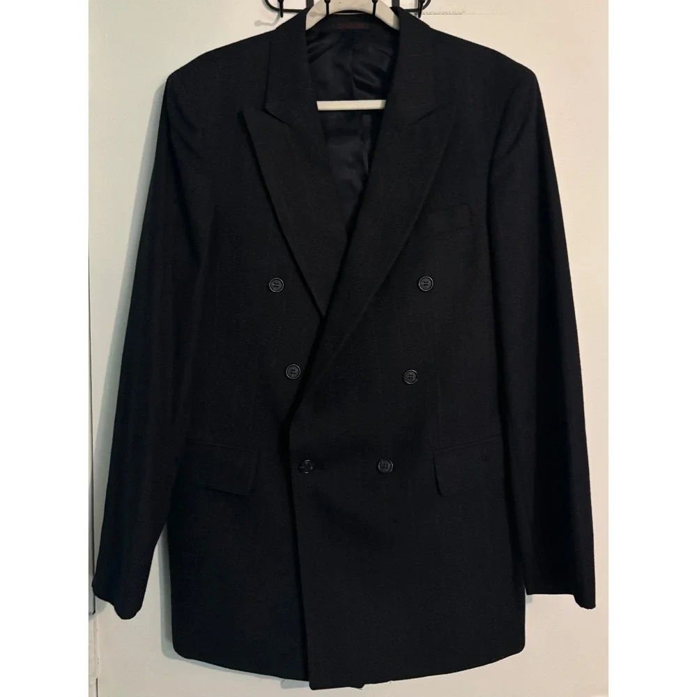 Vintage English Manor Mens 40L Wool Gray Blue Pinstripe Double Breasted Blazer